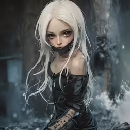 a doll with white hair wearing gloves on the floor