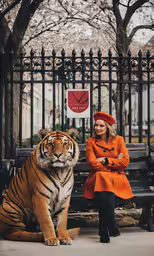 a woman standing in front of a tiger