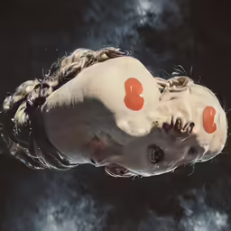 an image of a creepy looking doll underwater