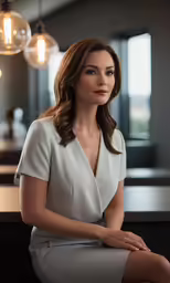 a woman sits in a chair next to a counter with four light bulbs