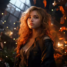a girl standing next to a green plant,the witch is standing in front of her