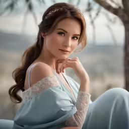 a lady that is sitting down posing for a photo