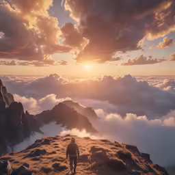 the man is walking toward the sun above the clouds