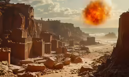 a fiery red explosion from a rocky cliff near a beach