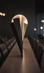 an unique sculpture sitting in the middle of a conference room