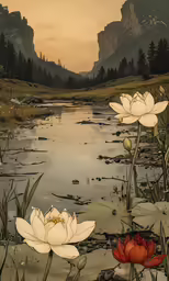 a painting of a pond and flowers with a mountain in the background