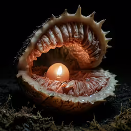 the inside of an orange with its shell and candle lit
