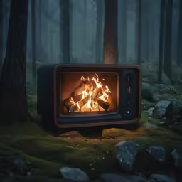 a wood burning fire in a fireplace in the forest