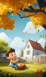 a boy sits on the grass next to an autumn scene with a basket full of apples