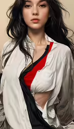 a young asian girl with long dark hair and an unusual shirt