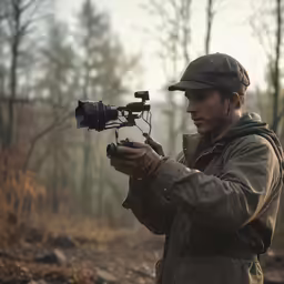 a man holding a camera in his hand and a video lens