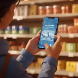 a woman using her phone in the aisle of a supermarket