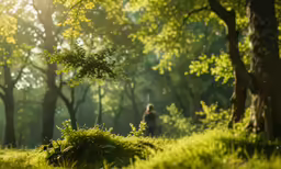 a woman hiking through a forest near a grassy area