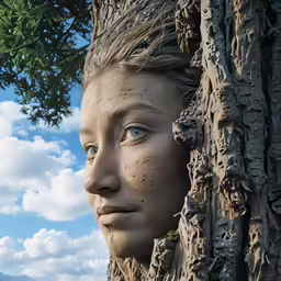 the woman is peaking out from behind a tree