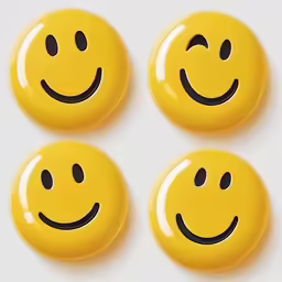 four different yellow smiley face buttons in five shapes