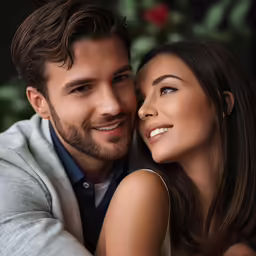 a close up of a couple smiling at each other