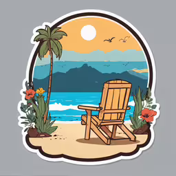 a sticker that has an image of a beach chair,a small paper cut of a beach with a chair