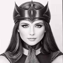 a black and white photo of a woman wearing a costume