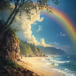 a rainbow in the sky over a beach next to the ocean
