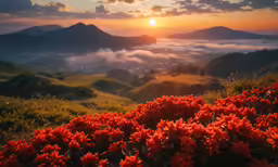 the sun rises over some mountains and valleys