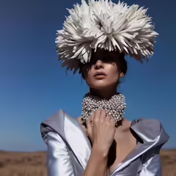 the beautiful lady with the flowers on her head is wearing an elaborate collar