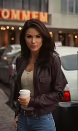 a woman in brown jacket carrying cup of coffee