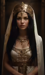 a woman in a white and gold costume is standing