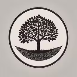 an abstract circle depicting a tree with a small lake beneath,a tree and an underground wave under it
