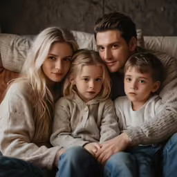 the family is posing on the couch