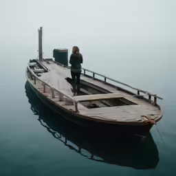 the woman is standing on the front end of a boat