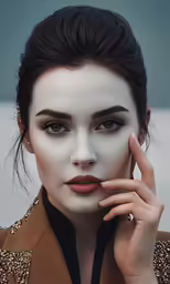 a girl in a suit with makeup is posing