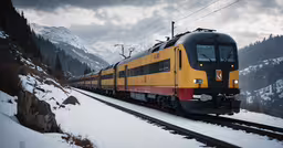 a train that is going down a snowy track,a train on tracks in the mountains near snow