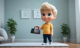 a little boy with a purse and wearing a shirt