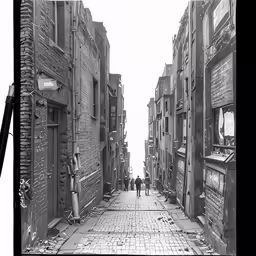 people walk down a brick alleyway between buildings