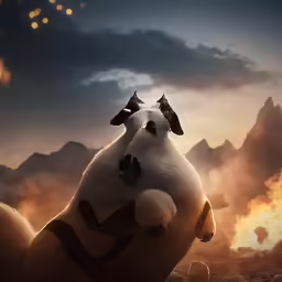 a giant panda and a dog are standing together in front of fire