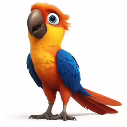 an orange and blue parrot with large eyes