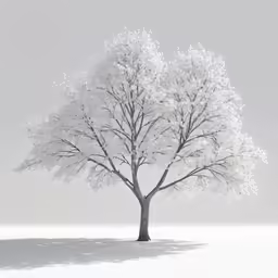 a snowy tree with many leaves is pictured against a gray background