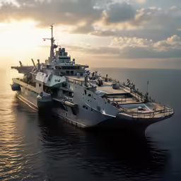 an aircraft carrier in the water and a plane taking off