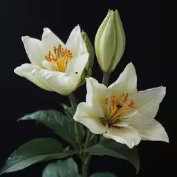 three white and yellow flowers are in bloom