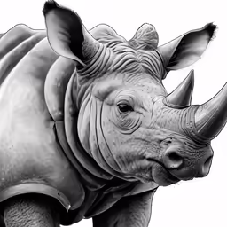 a rhinoceros is standing with its head tilted to the left