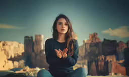 woman in black outfit sitting on bed applauding in middle of mountains