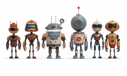 a group of five toy robot standing next to each other
