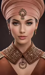 a model wears a turban and necklace