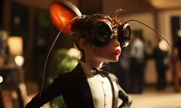 a woman with weird headpieces and eyeball glasses