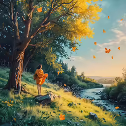 a person standing near a tree with lots of orange leaves