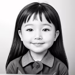 a black and white photo of a little girl with long hair