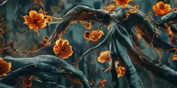 the large orange flowers are in the tree