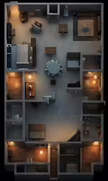 the aerial view of a living area with a table and kitchen