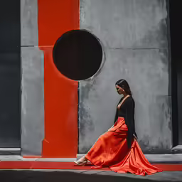 a woman in an orange gown walking by a large round hole