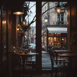 outdoor tables and chairs are outside an alleyway restaurant